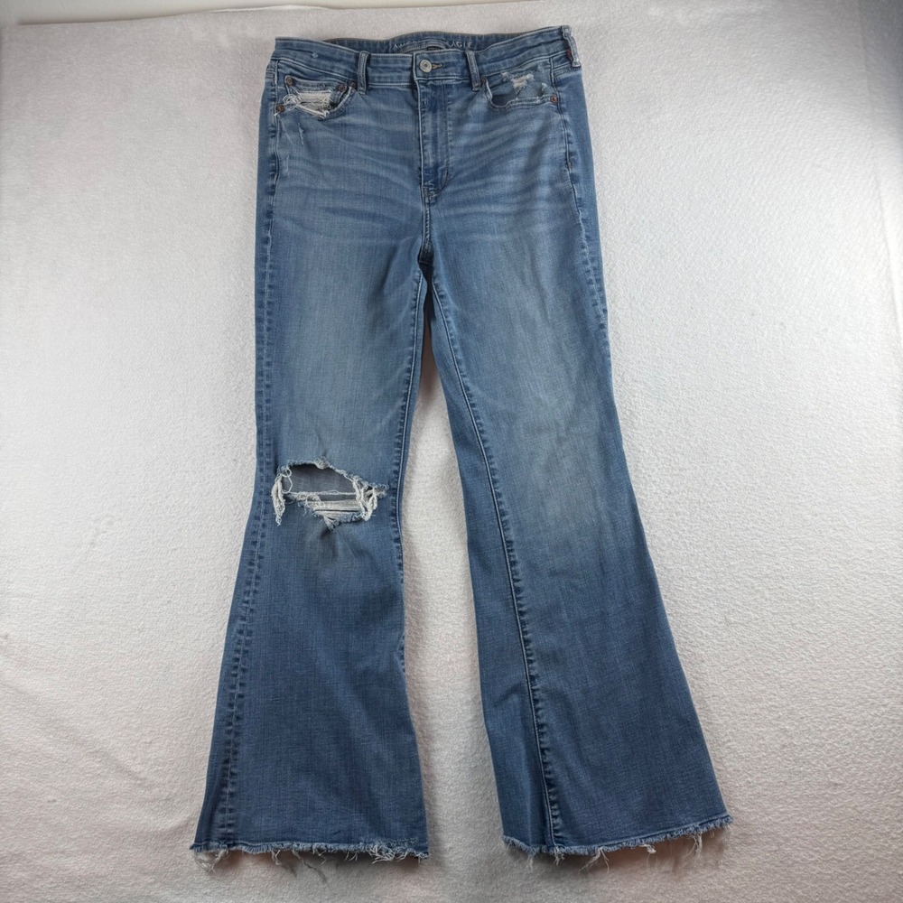 American Eagle Super Hi-Rise Flare Distressed Jeans Medium Wash Size 12 Regular